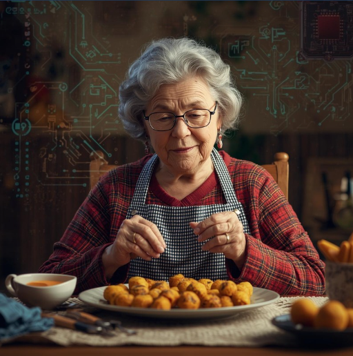 Abuela sentada con un delantal de cuadros y un plato de croquetas con hologramas de circuitos electrónicos de fondo